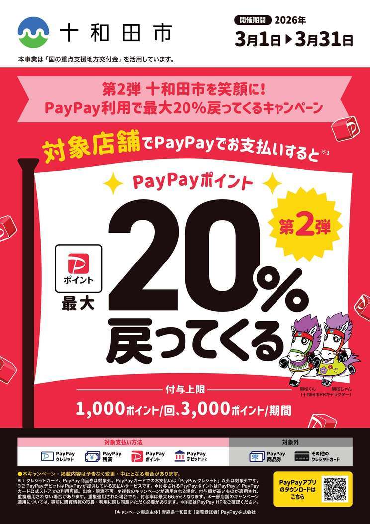 第2弾 十和田市を笑顔に！PayPay利用で最大20％戻ってくるキャンペーン